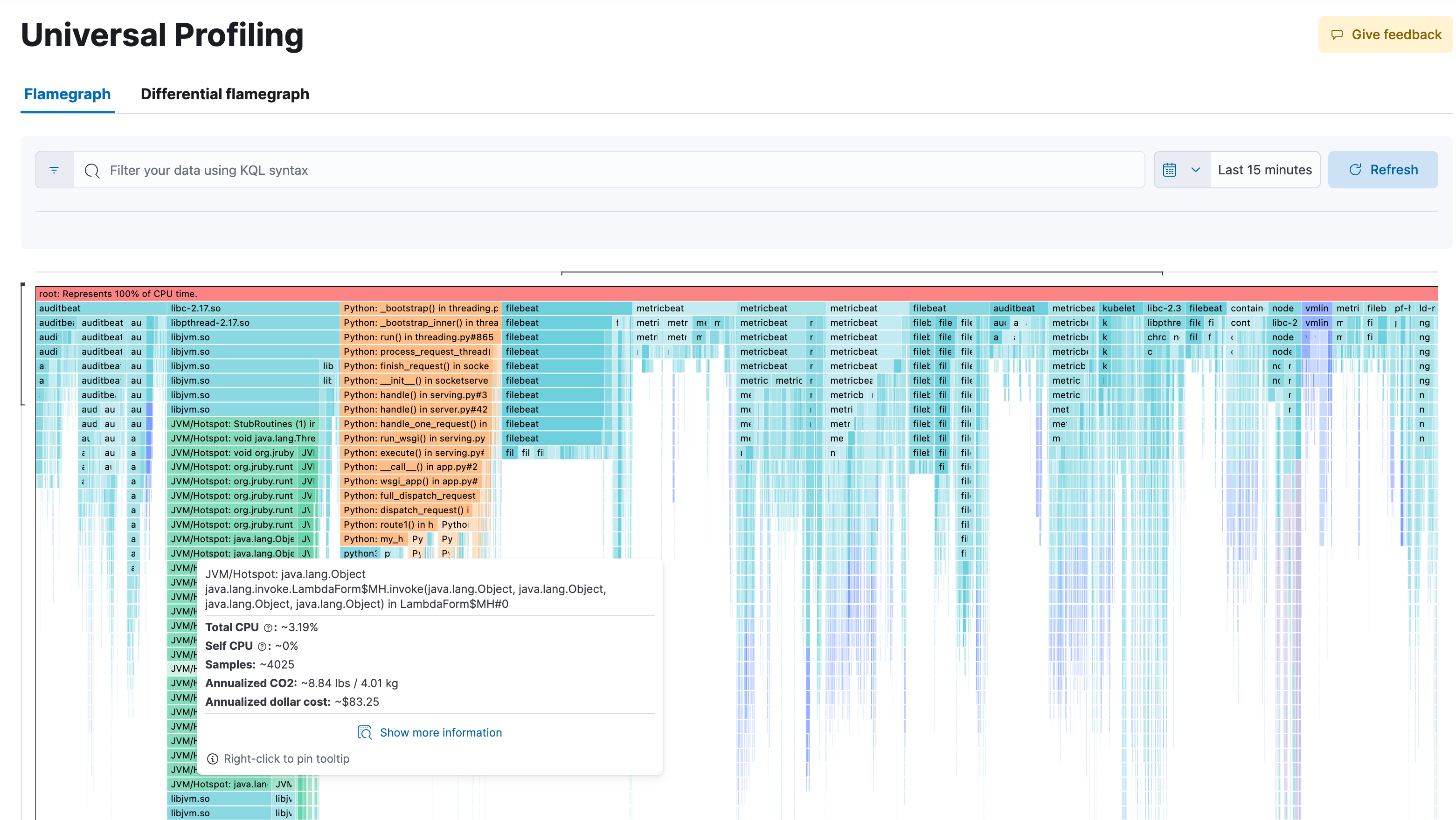 Elastic Observability - Universal profiling flamegraph